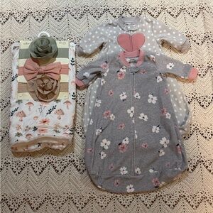 Newborn Girl Starter Pack (Sleep Sacks For 0-3 Months And Baby Blanket/Headband